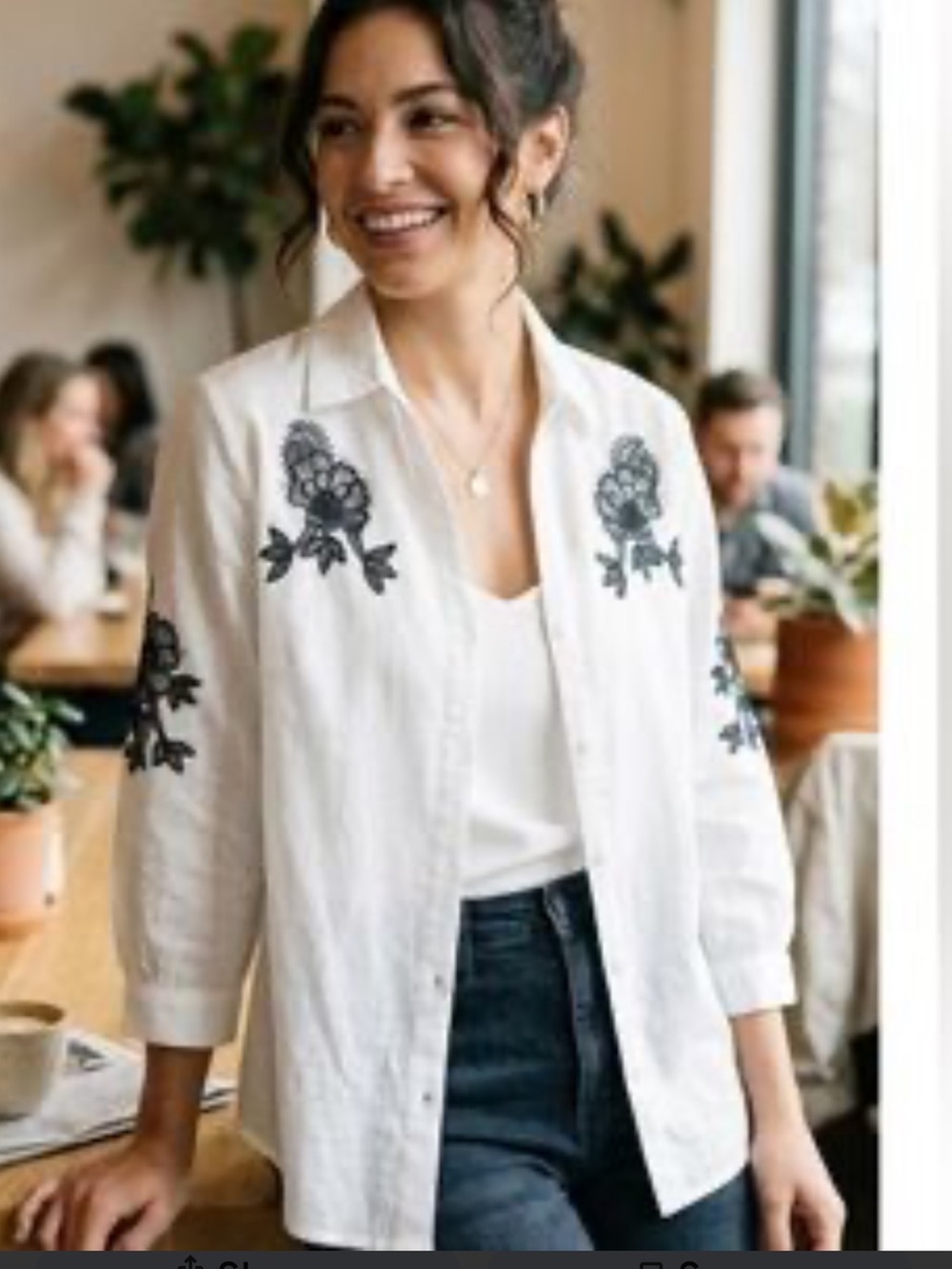 Kindred Womens Floral Embroidered Button Up Top Size XL White Black Office Boho